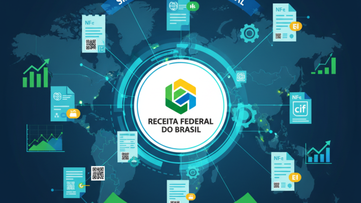 Imagem ilustrativa de um sistema fiscal automatizado com elementos da Receita Federal e notas fiscais.